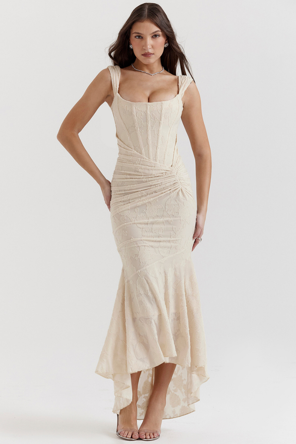 Vestito lungo maxi con corpetto arricciato Octavie in beige