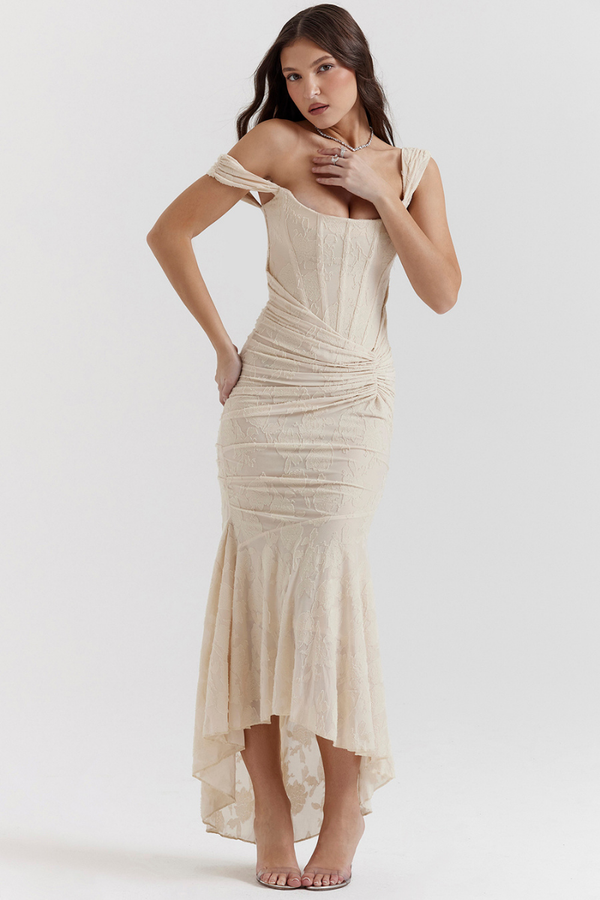 Vestito lungo maxi con corpetto arricciato Octavie in beige