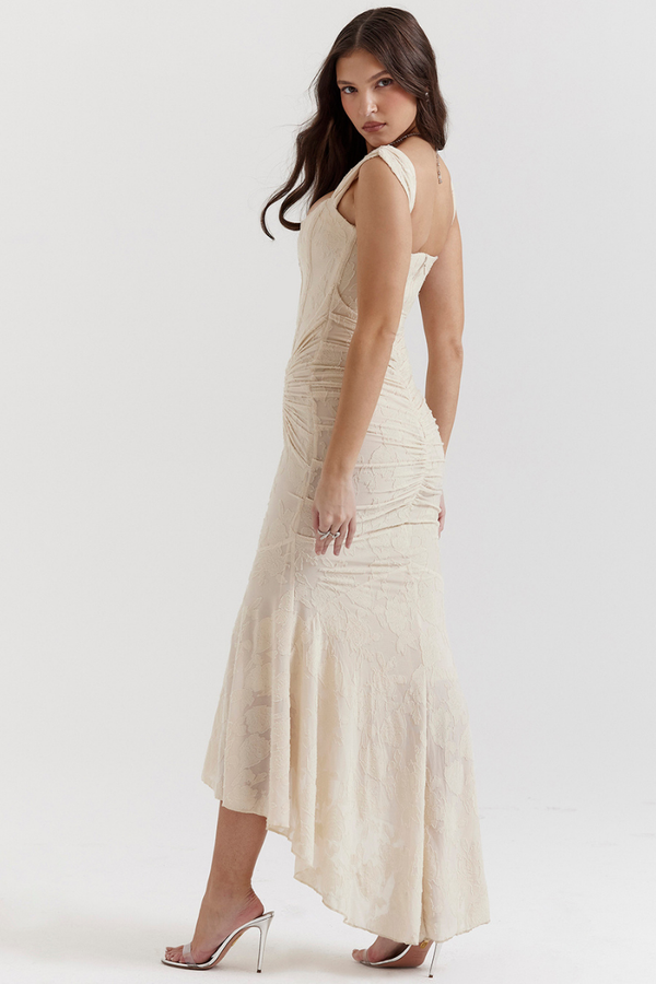 Vestito lungo maxi con corpetto arricciato Octavie in beige