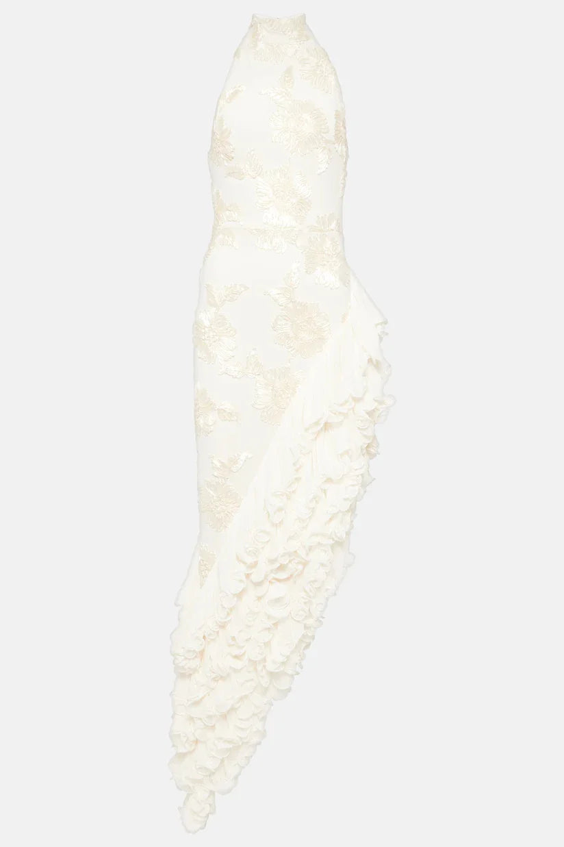 Vestito lungo con applicazioni floreali