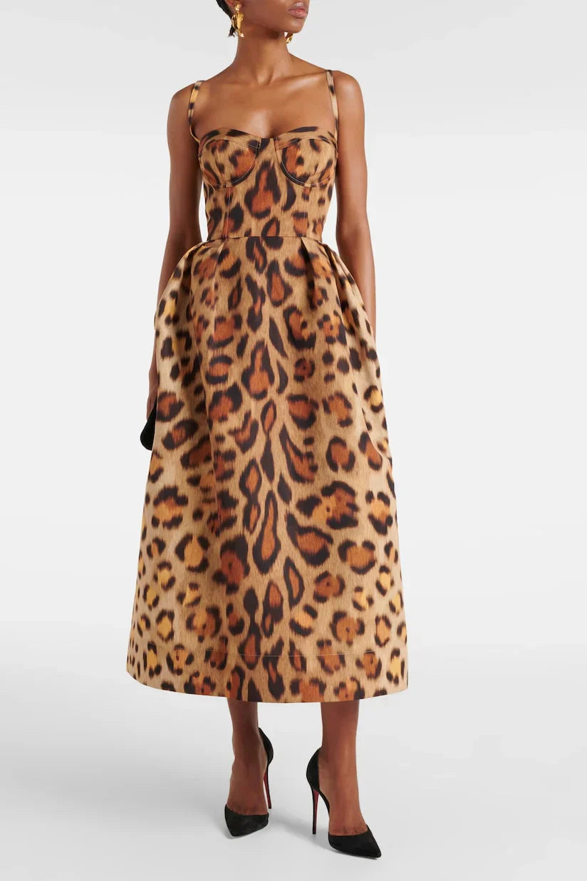 Vestito Midi con Corsetto e Stampa Animale