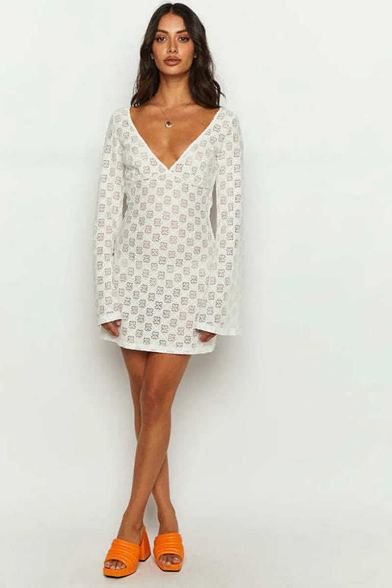 Vestito Mini Bianco Stampato con Scollo Basso sulla Schiena