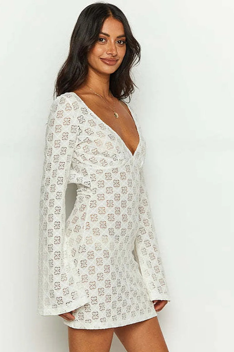 Vestito Mini Bianco Stampato con Scollo Basso sulla Schiena