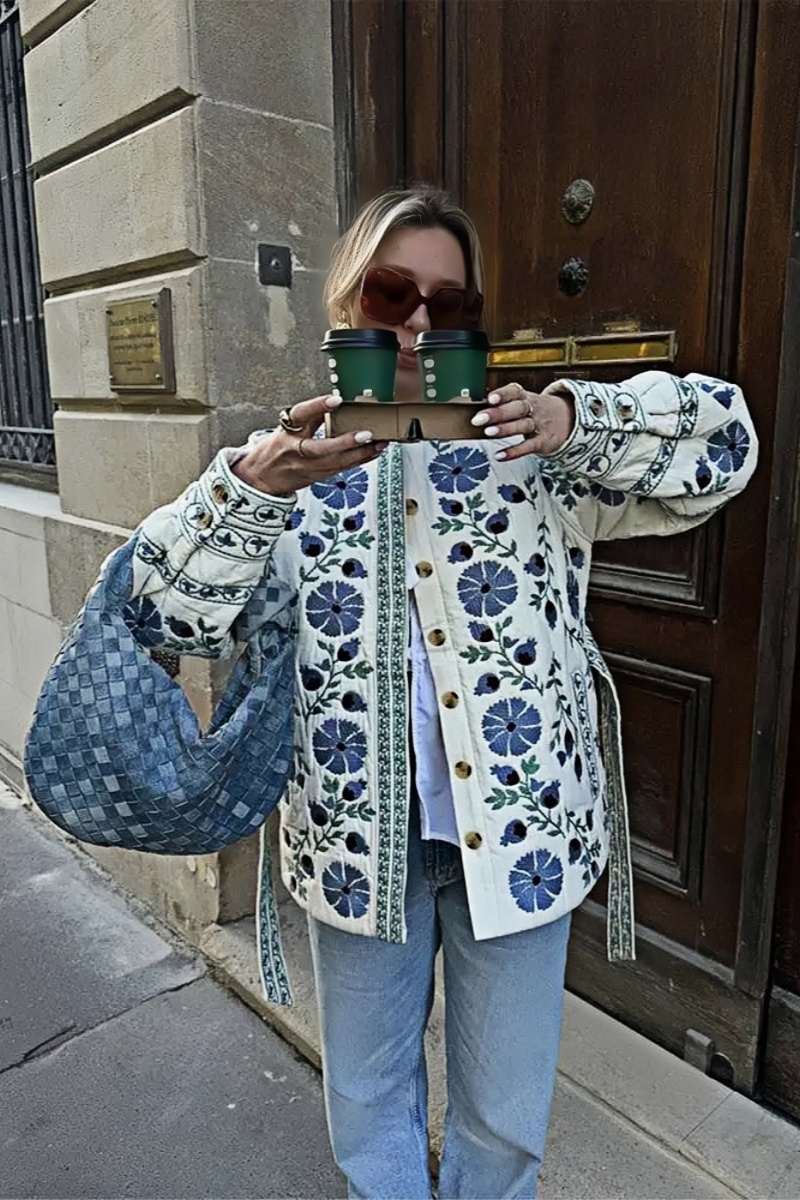 Giacca casual con fiori street, lacci, bottoni, peyote, scollo a O