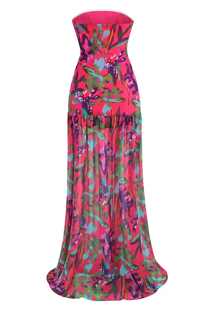 Vestito lungo maxi senza spalline Pam con stampa e foro slit