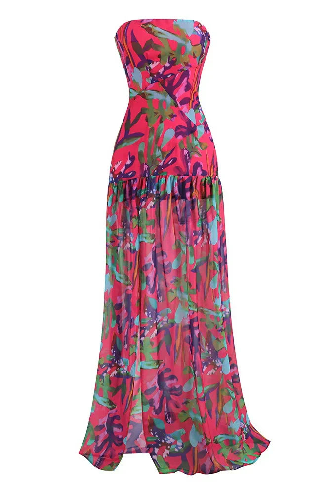 Vestito lungo maxi senza spalline Pam con stampa e foro slit