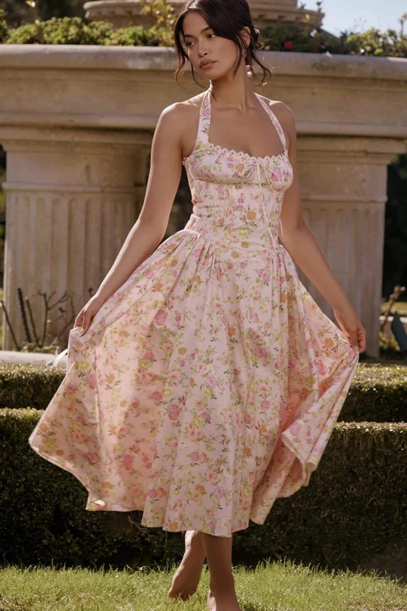 Abigail Abito Stretto a Balze con Corsetto Stampato Midi