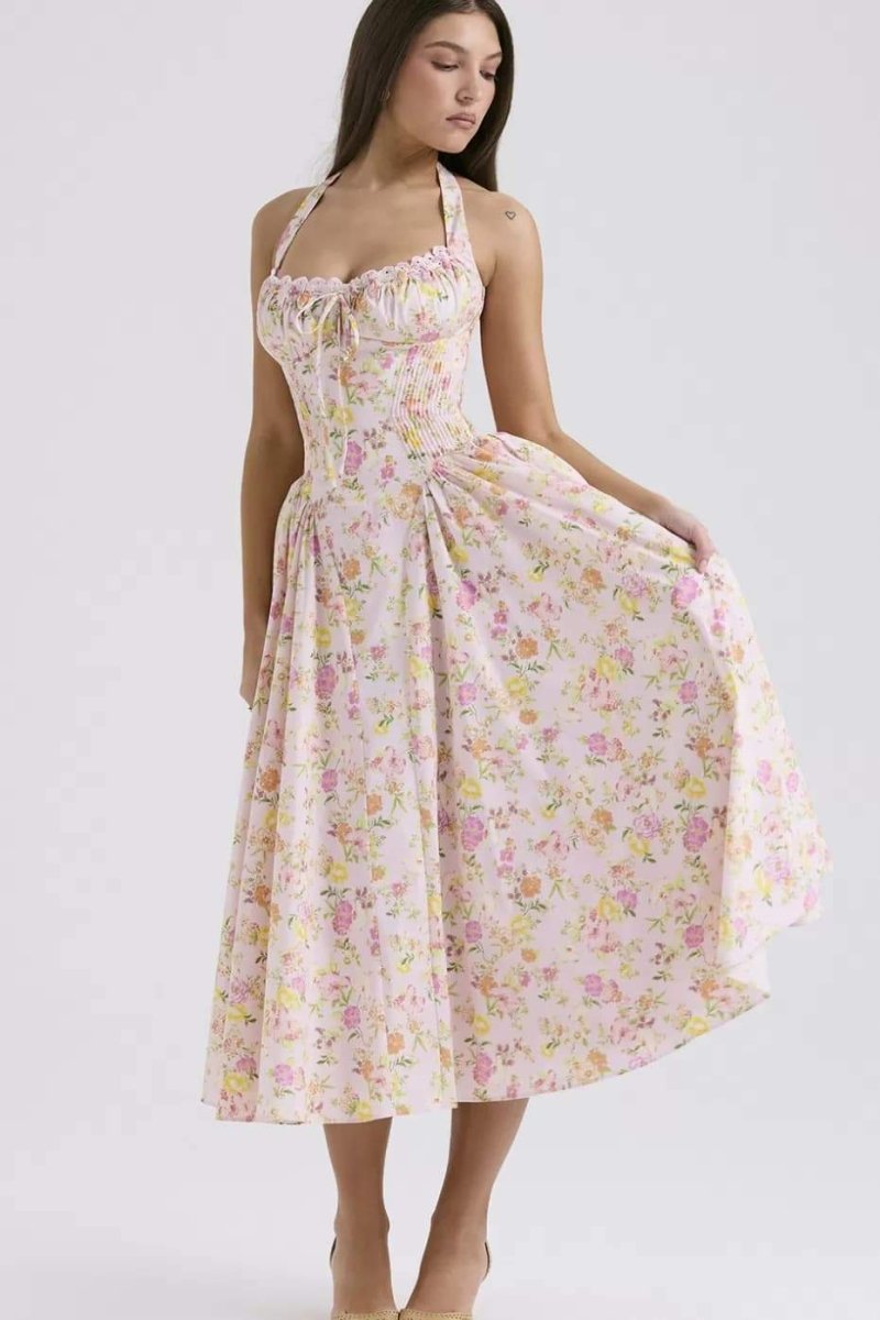 Abigail Abito Stretto a Balze con Corsetto Stampato Midi