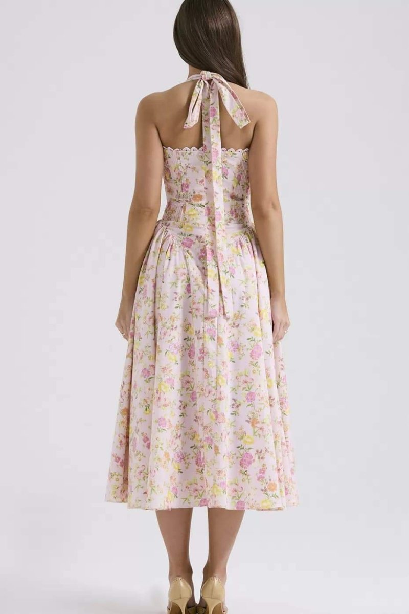 Abigail Abito Stretto a Balze con Corsetto Stampato Midi