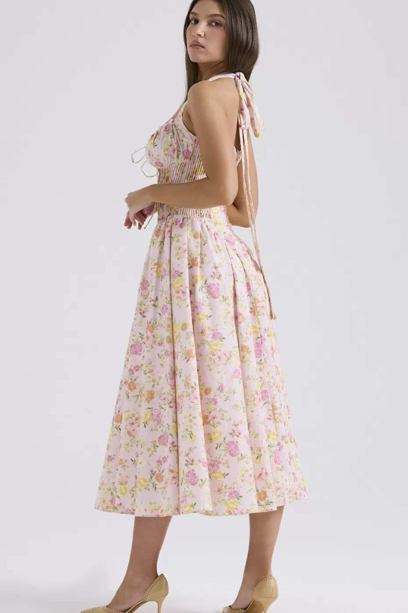 Abigail Abito Stretto a Balze con Corsetto Stampato Midi