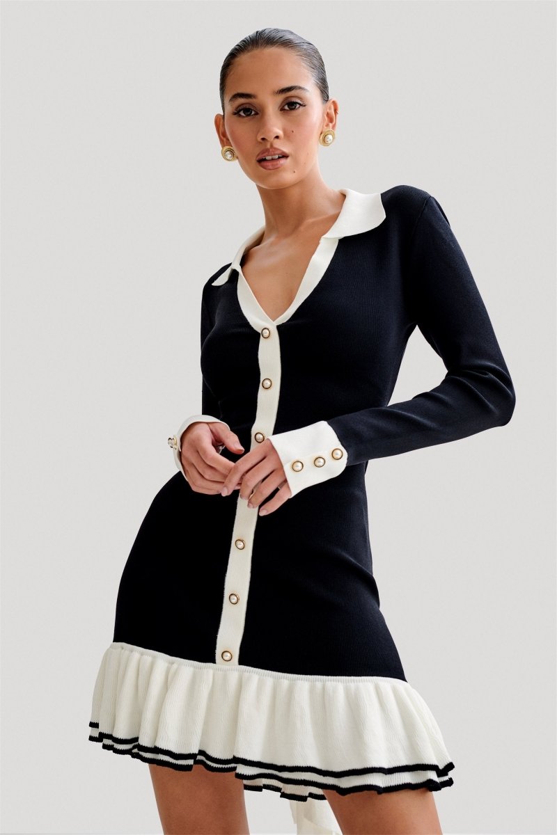 Vestito Mini in Maglia con Fiocco e Rete Contrastata di Alexia