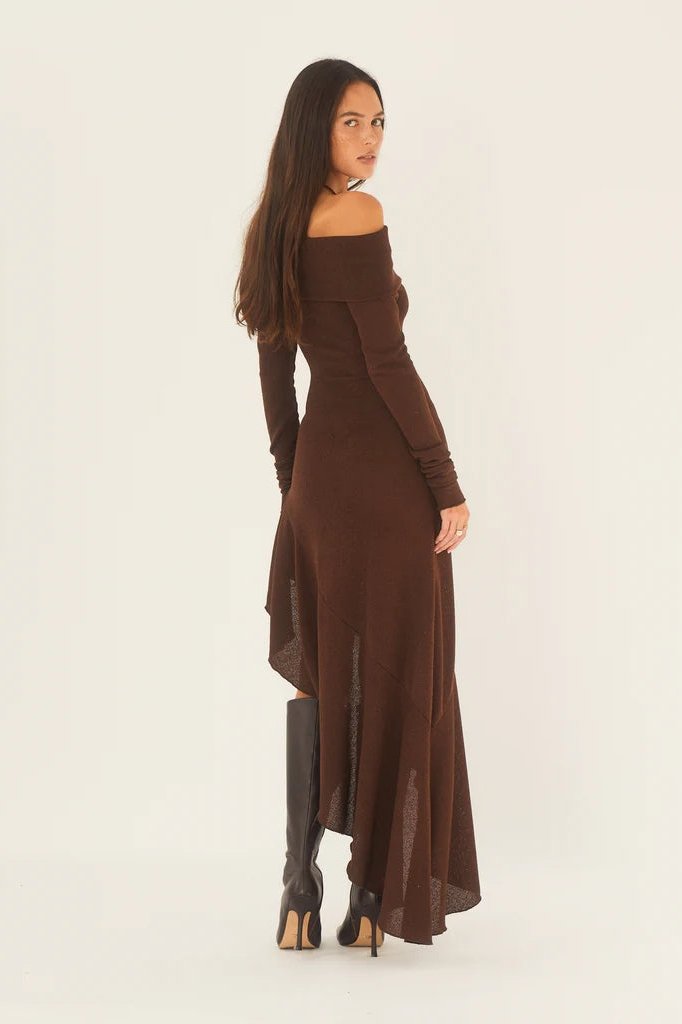 Vestito midi a coste con scollo alla barca e gonna svasata Alisa