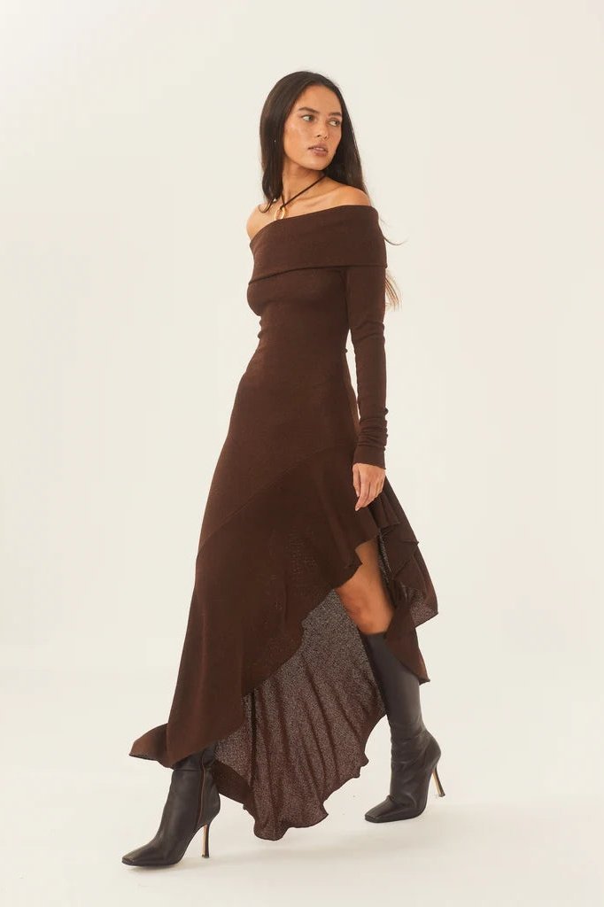 Vestito midi a coste con scollo alla barca e gonna svasata Alisa