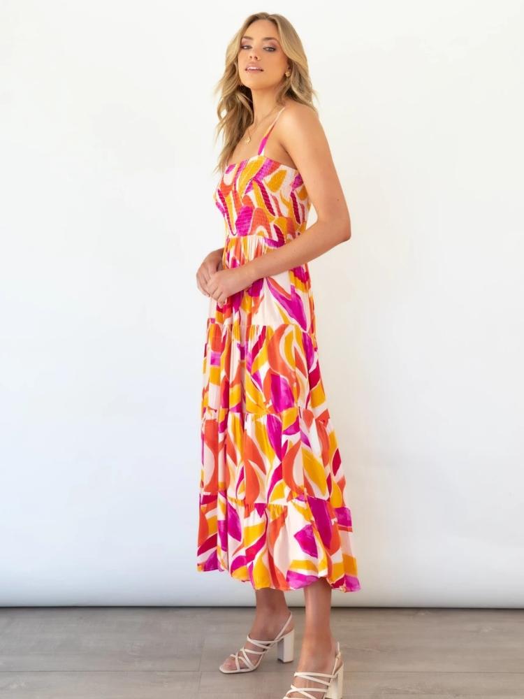 Vestito lungo estivo con scollo arricciato e stampa Andrea