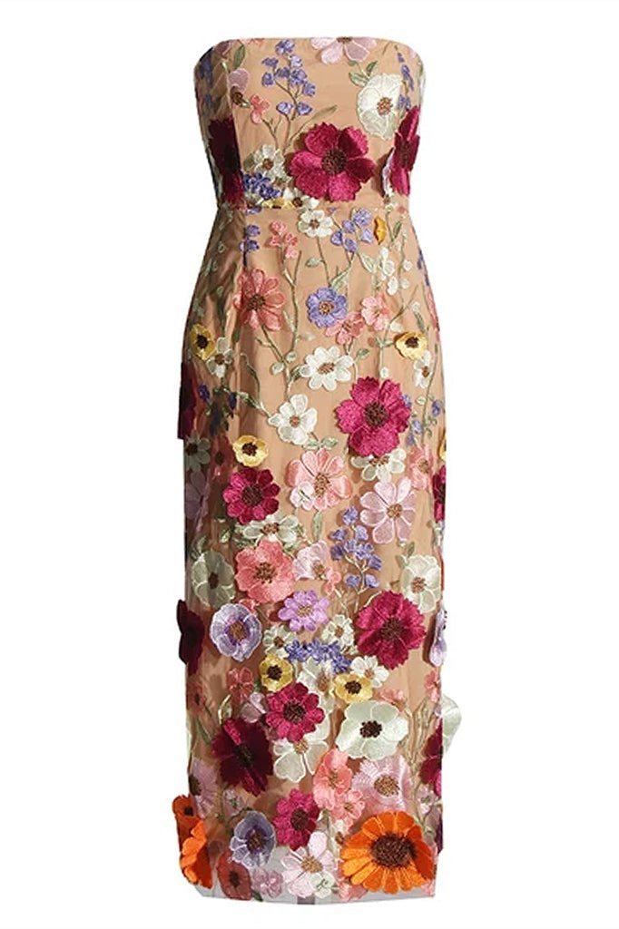 Abito Midi Senza Spalline con Ricami Floreali Eleganti