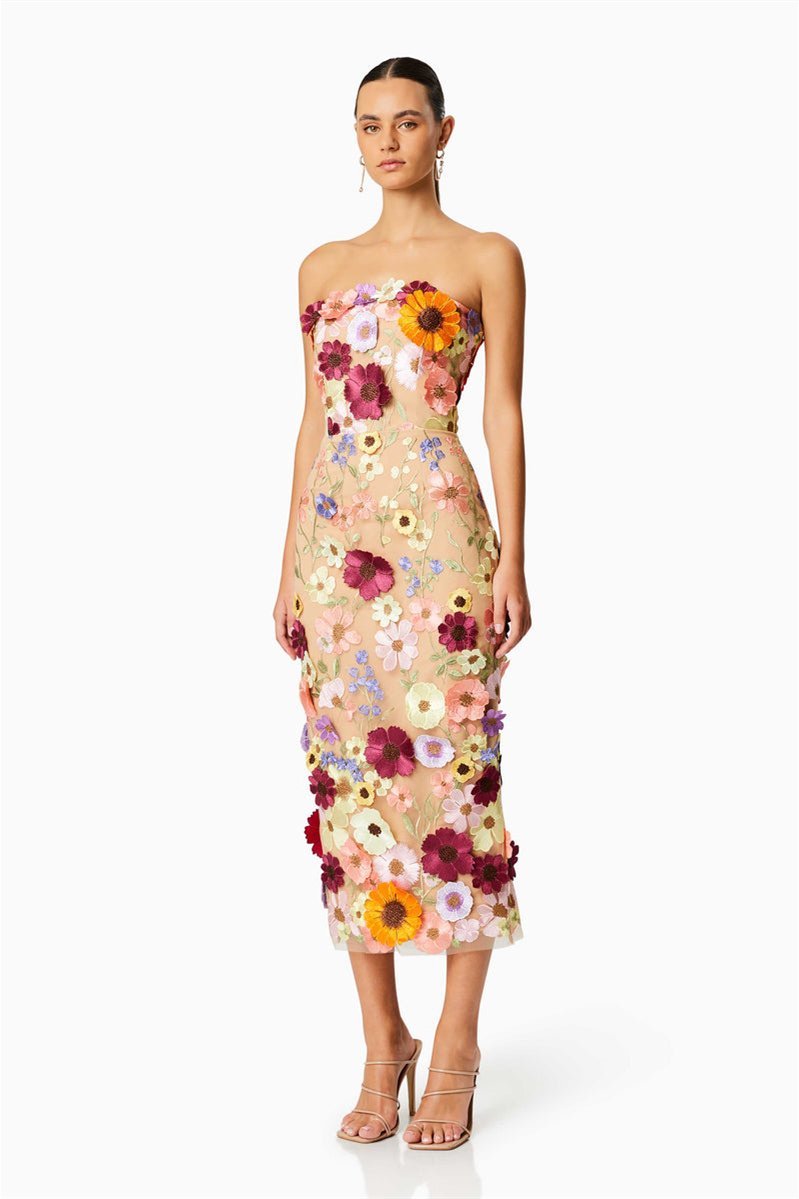 Abito Midi Senza Spalline con Ricami Floreali Eleganti