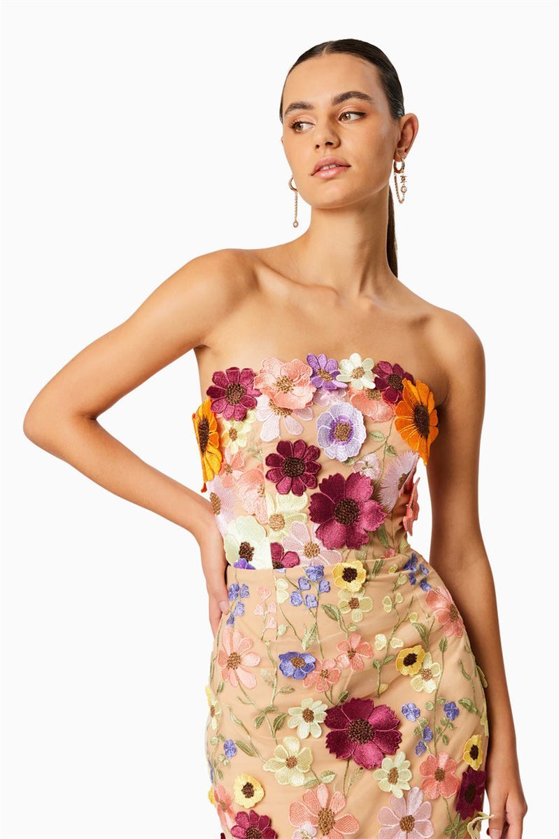 Abito Midi Senza Spalline con Ricami Floreali Eleganti