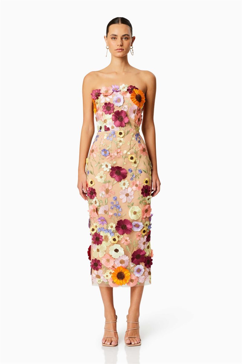 Abito Midi Senza Spalline con Ricami Floreali Eleganti