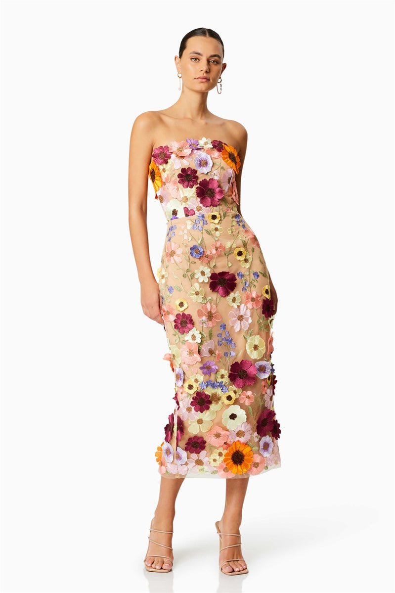 Abito Midi Senza Spalline con Ricami Floreali Eleganti