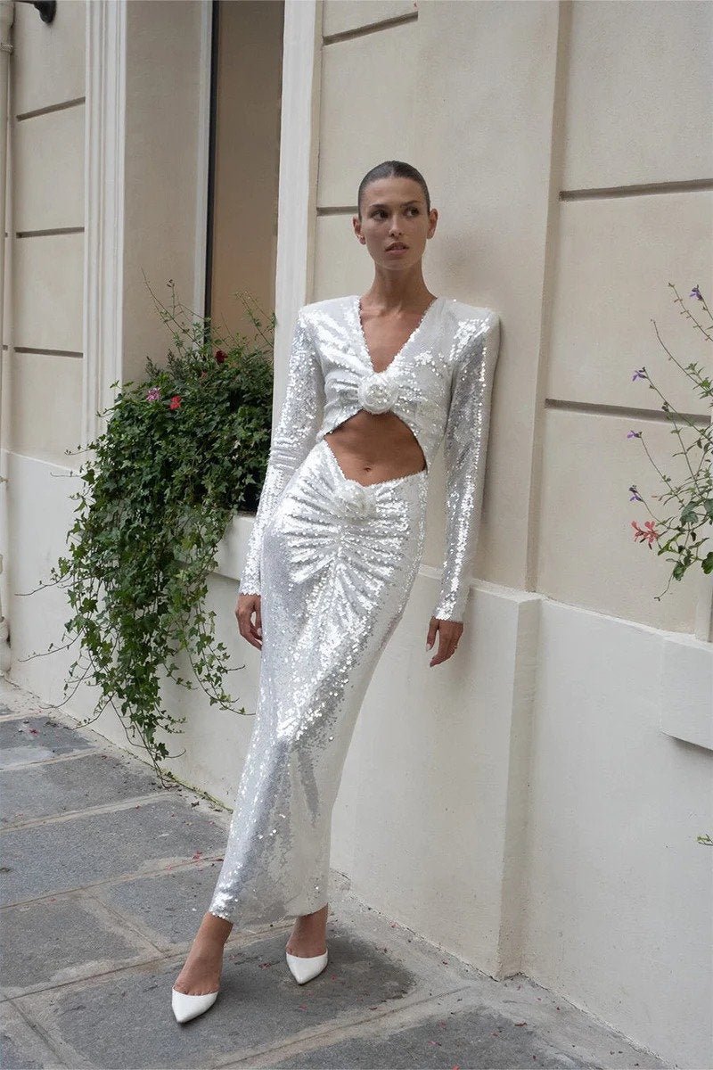 Vestito Midi di Paillettes e Fiori Cathy