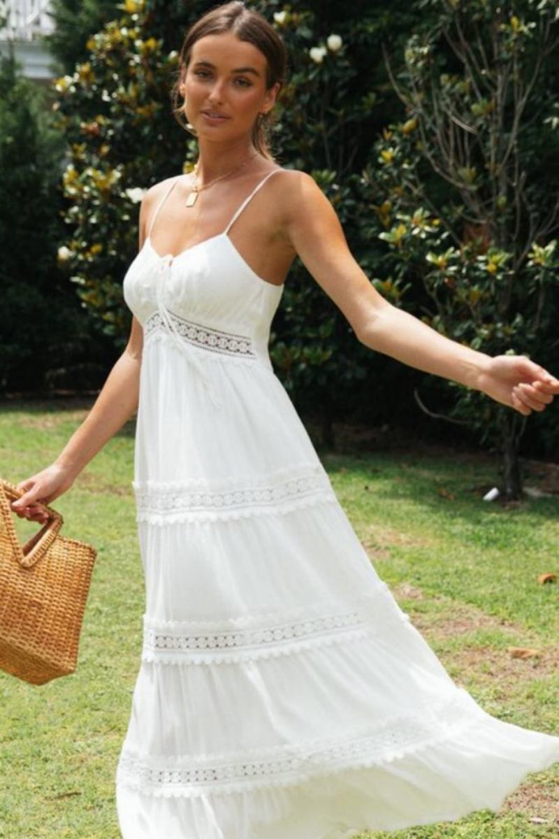 Vestito lungo a trapezio con pizzo Cora