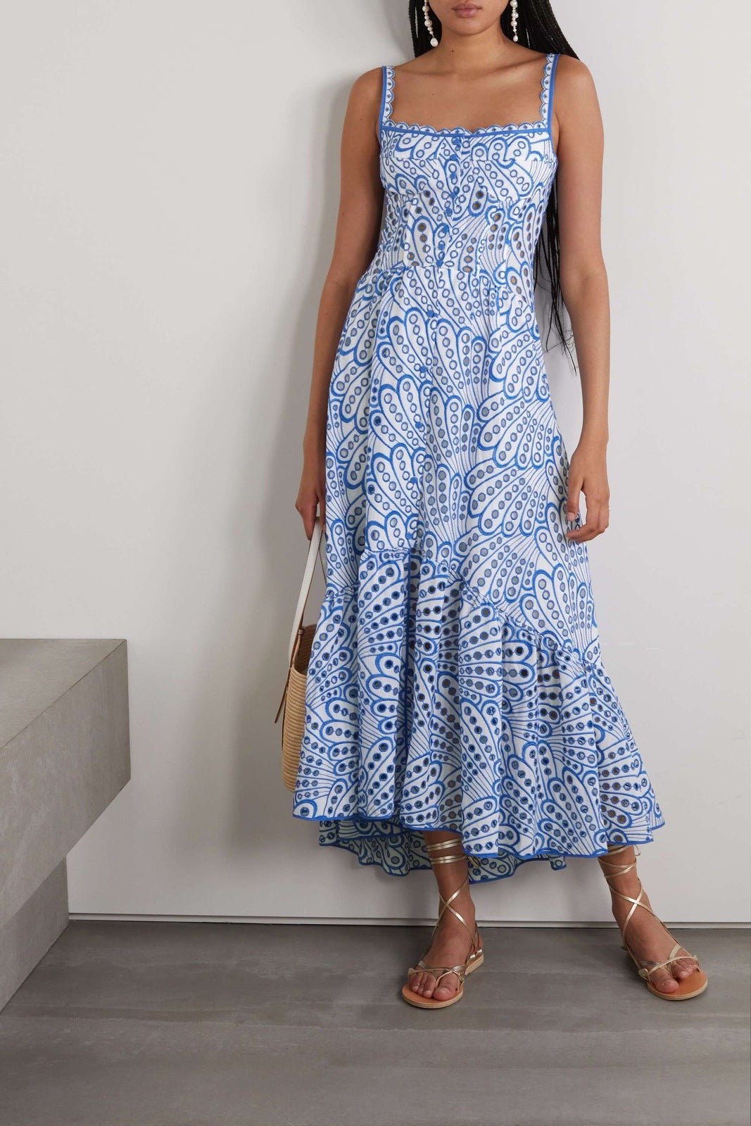 Vestito midi bustier in pizzo ricamato con doppio petto