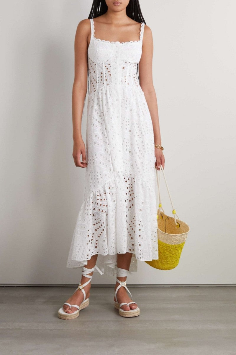 Vestito midi bustier in pizzo ricamato con doppio petto
