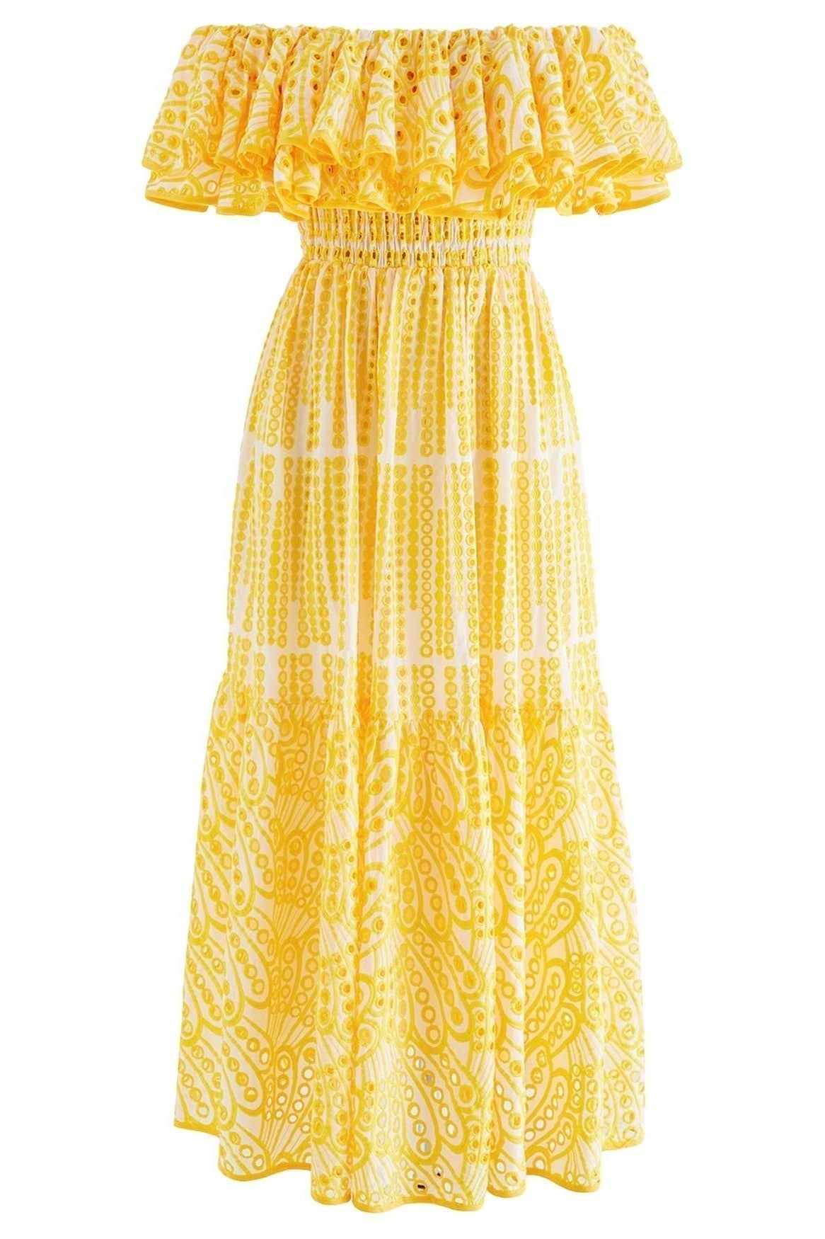 Vestito midi svasato in pizzo traforato con spalle scoperte e gonna a campana con ricami Dolly