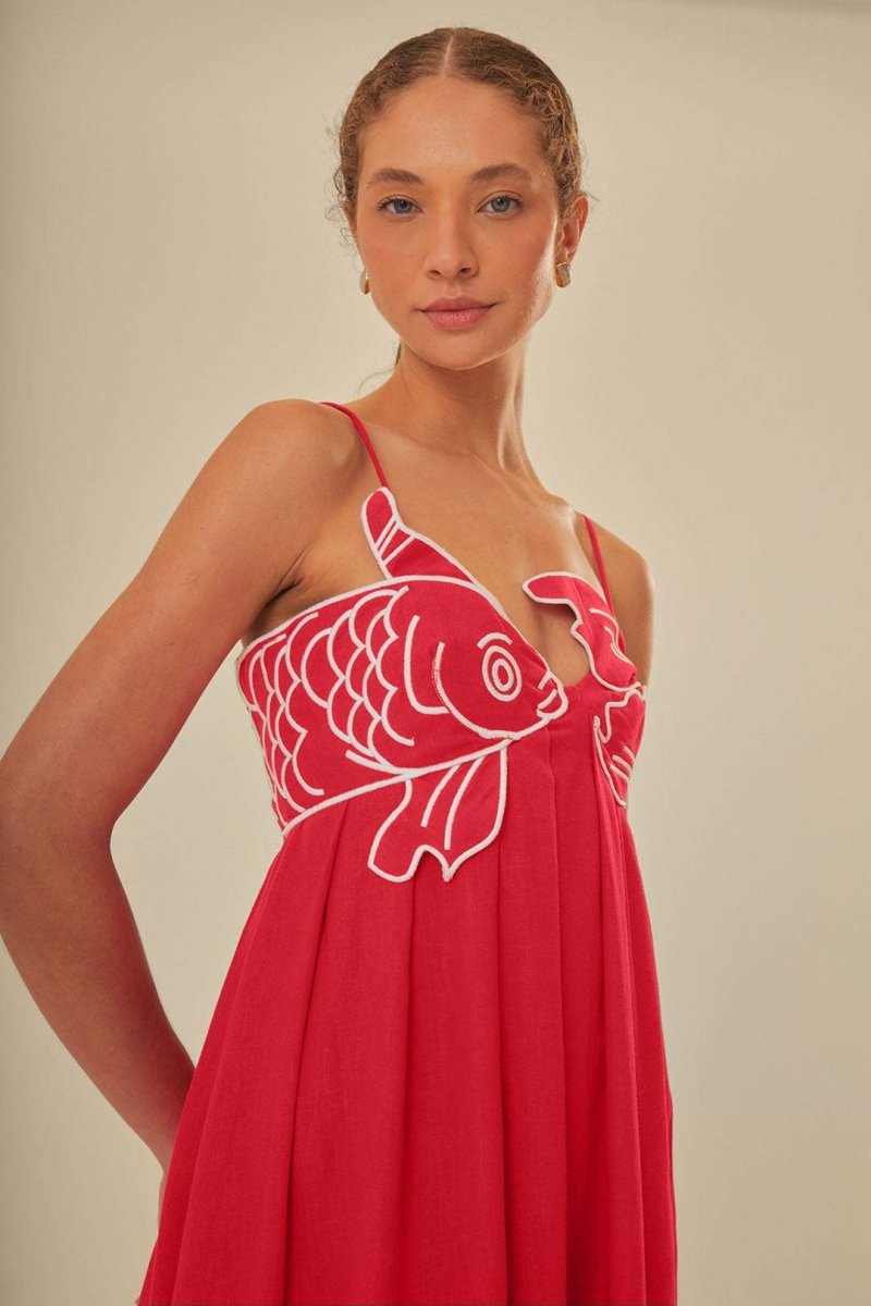 Vestito lungo massimo ricamato con pesce d'oro Eileen