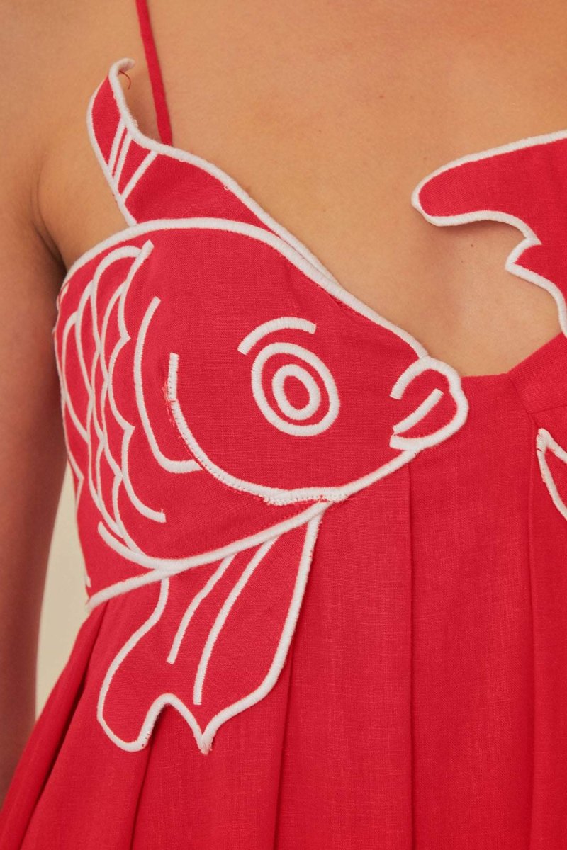 Vestito lungo massimo ricamato con pesce d'oro Eileen