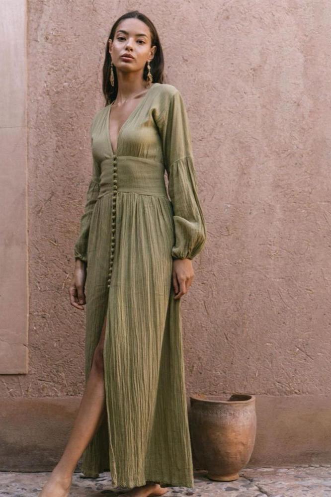 Vestito Maxi Milkmaid Plissettato con scollo a V Giselle