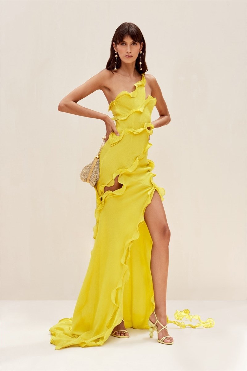 Vestito lungo maxi in chiffon aUna Spalla con volant Gloria