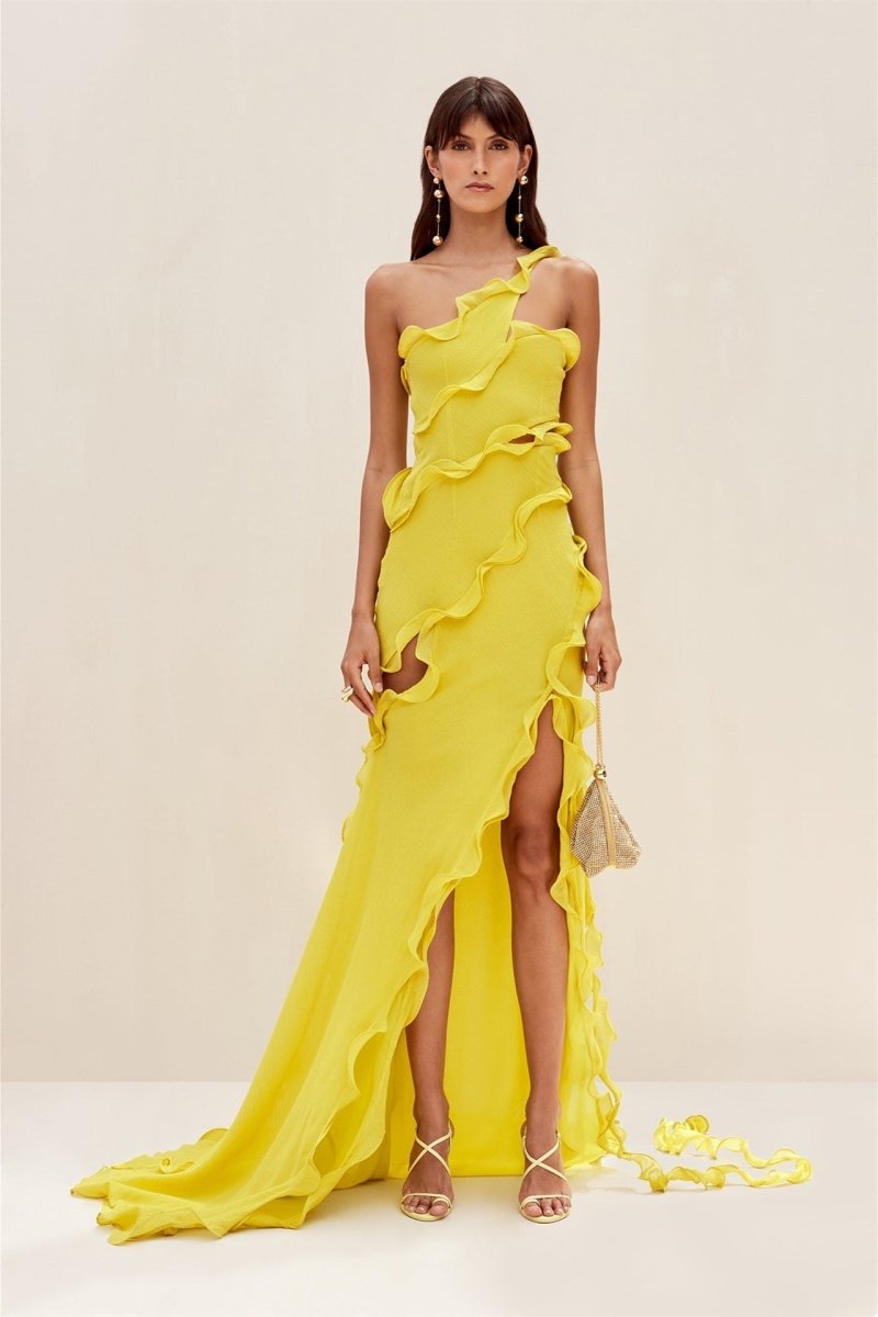 Vestito lungo maxi in chiffon aUna Spalla con volant Gloria
