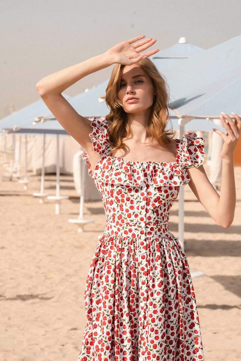 Vestito Midi con Volant Stampato a Ciliegia di Griselda