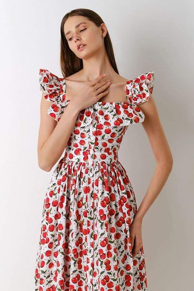 Vestito Midi con Volant Stampato a Ciliegia di Griselda