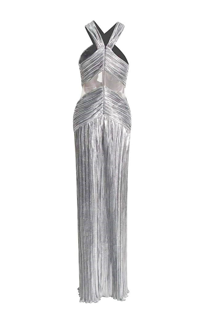Abito lungo metallizzato con scollo a fascia e croce di Heloise