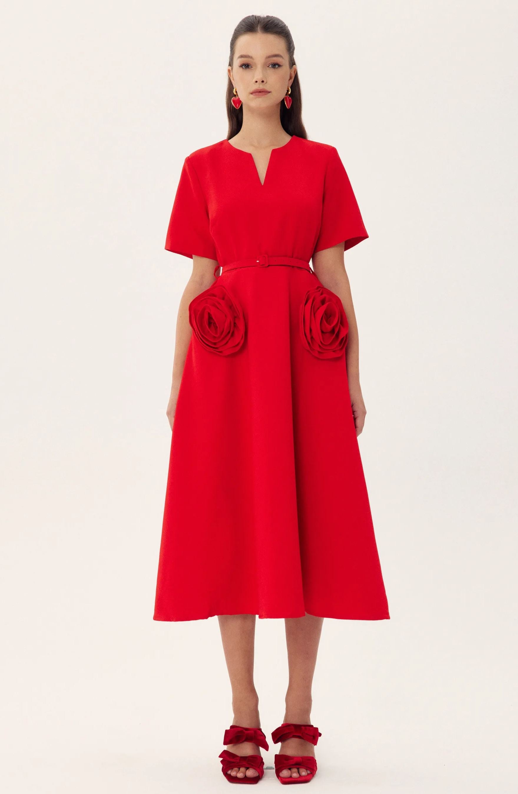 Vestito Midi con Applicazioni Floreali e Maniche Corte Grace