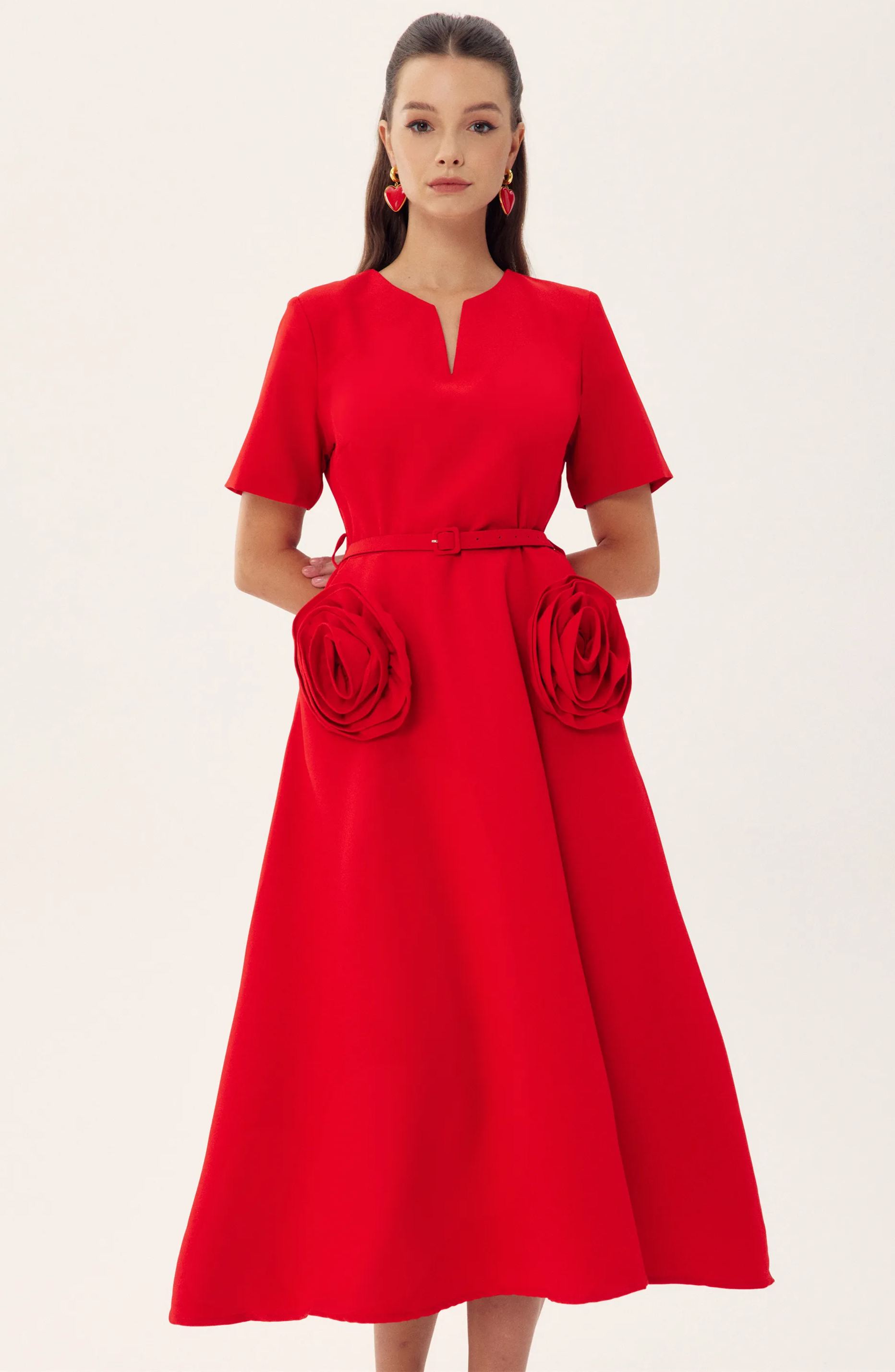 Vestito Midi con Applicazioni Floreali e Maniche Corte Grace