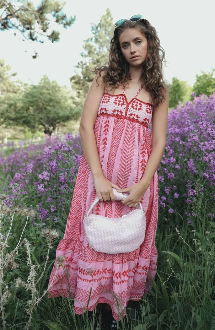 Vestito midi con stampa Naomi, ricamato e con lacci