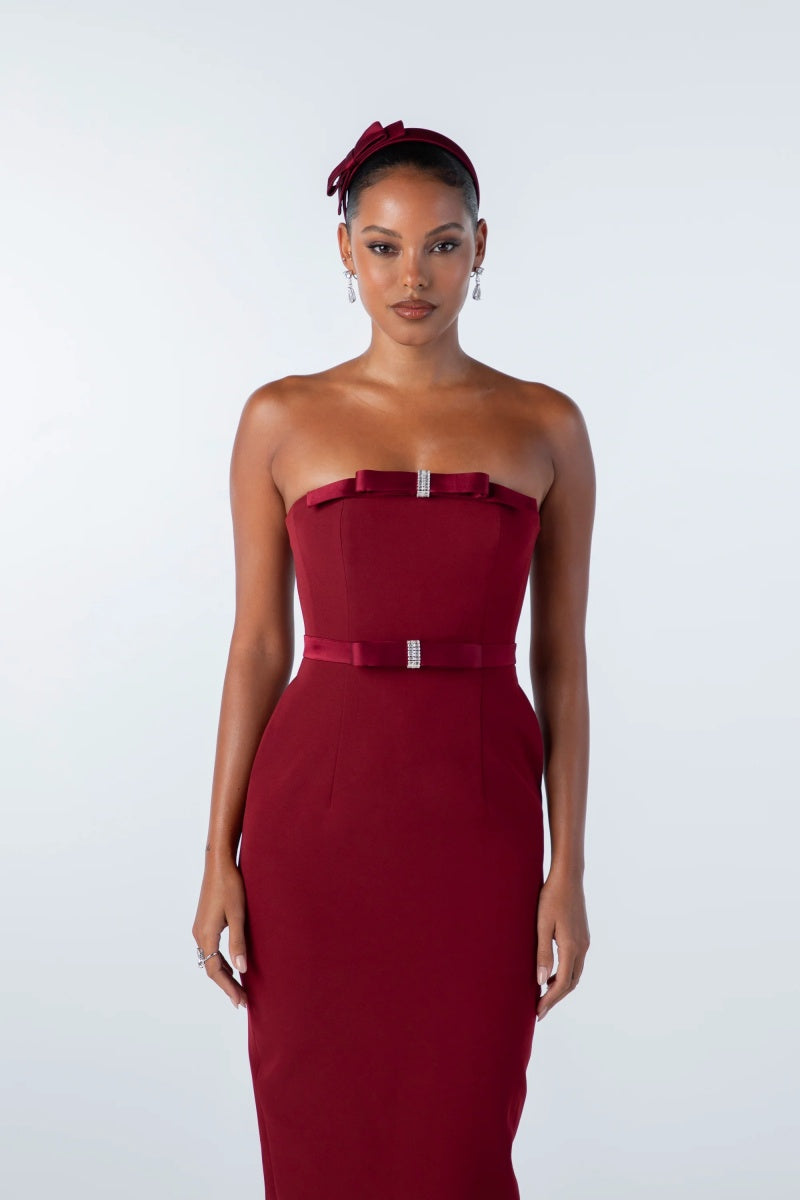 Vestito midi senza spalline con fiocco