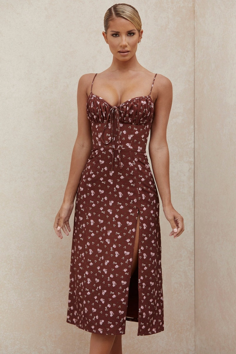 Vestiti Midi con Decolleté Aperto e Slaccia con Stampa Floreale