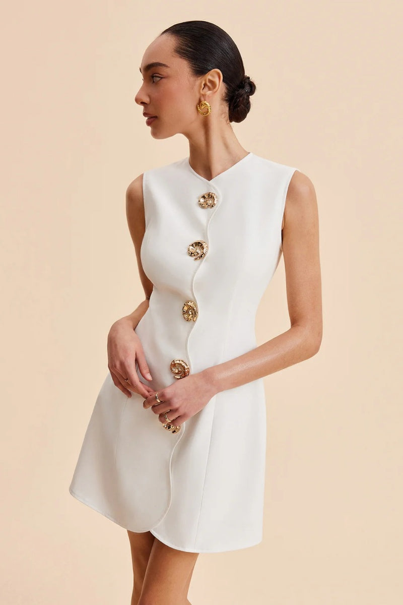 Vestito Mini Senza Maniche con Bottoni Metallici e Chiusura a Zip