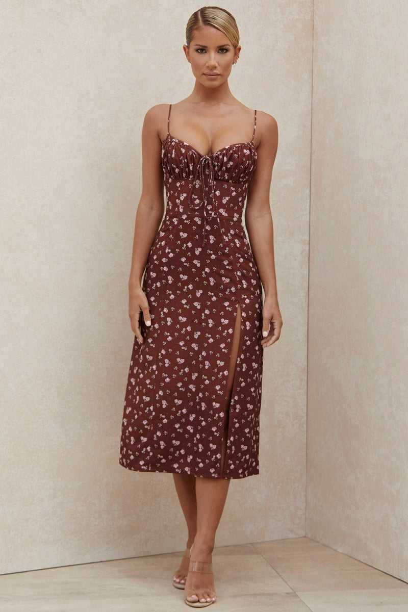 Vestiti Midi con Decolleté Aperto e Slaccia con Stampa Floreale