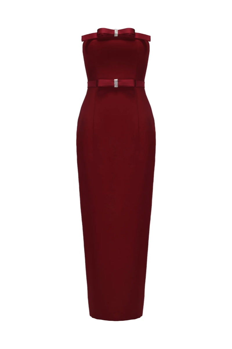 Vestito midi senza spalline con fiocco