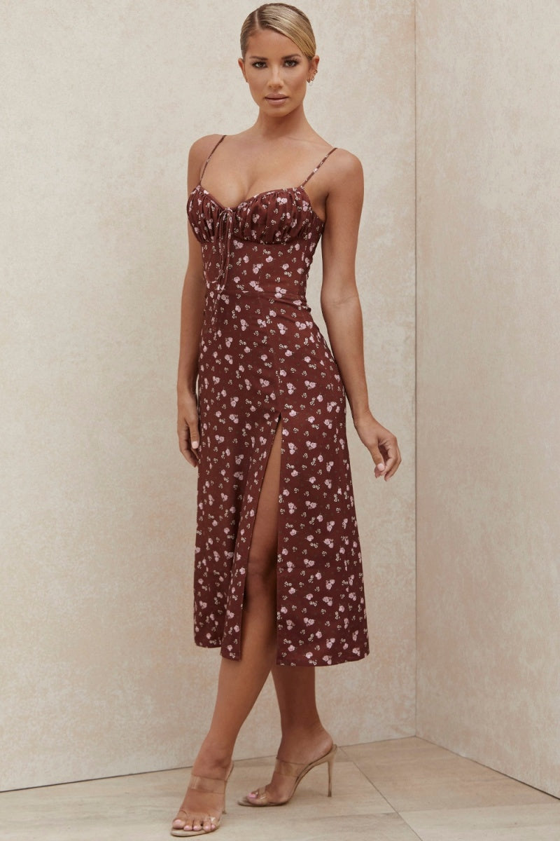 Vestiti Midi con Decolleté Aperto e Slaccia con Stampa Floreale