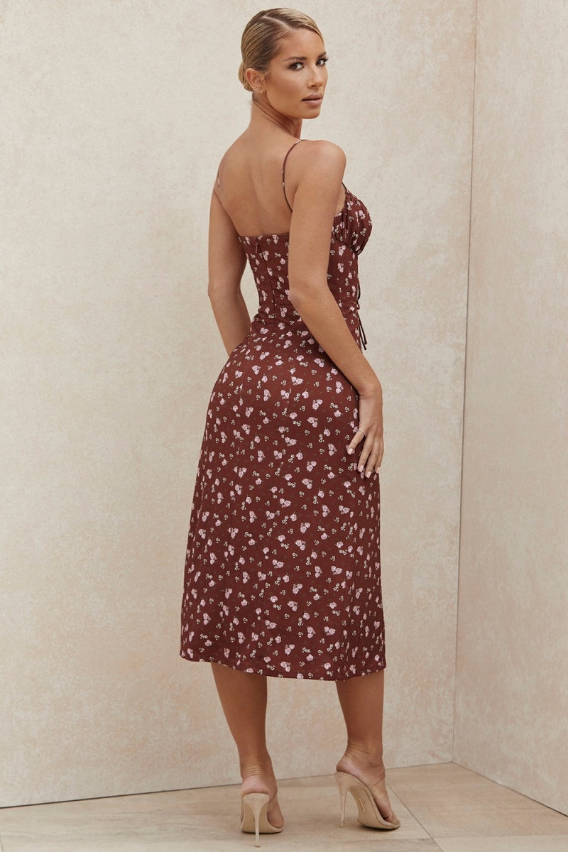 Vestiti Midi con Decolleté Aperto e Slaccia con Stampa Floreale