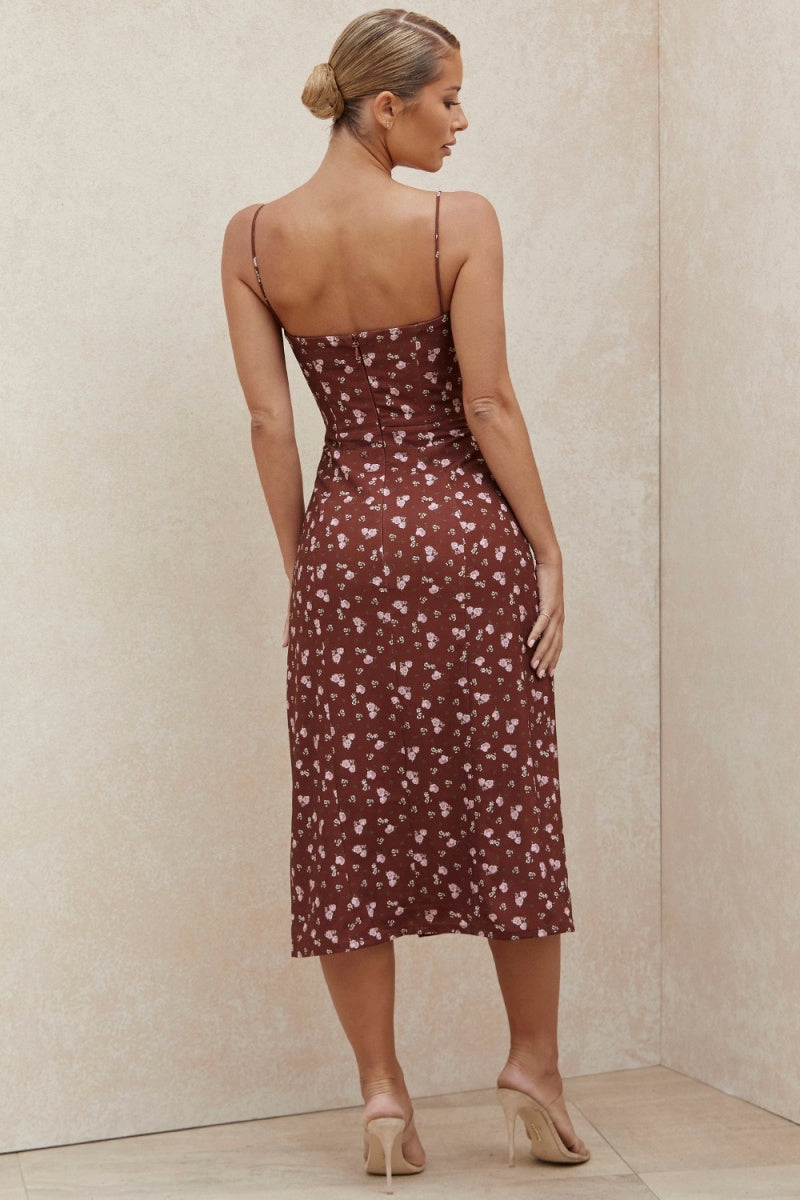 Vestiti Midi con Decolleté Aperto e Slaccia con Stampa Floreale