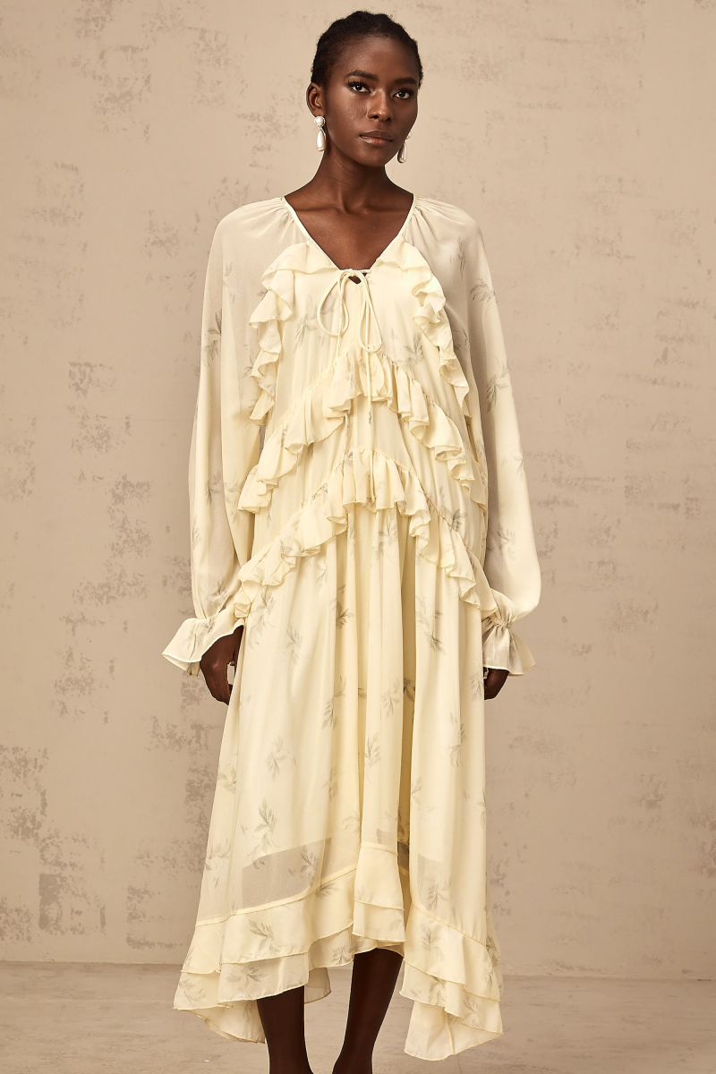 Vestito midi in chiffon con stampa floreale e volant