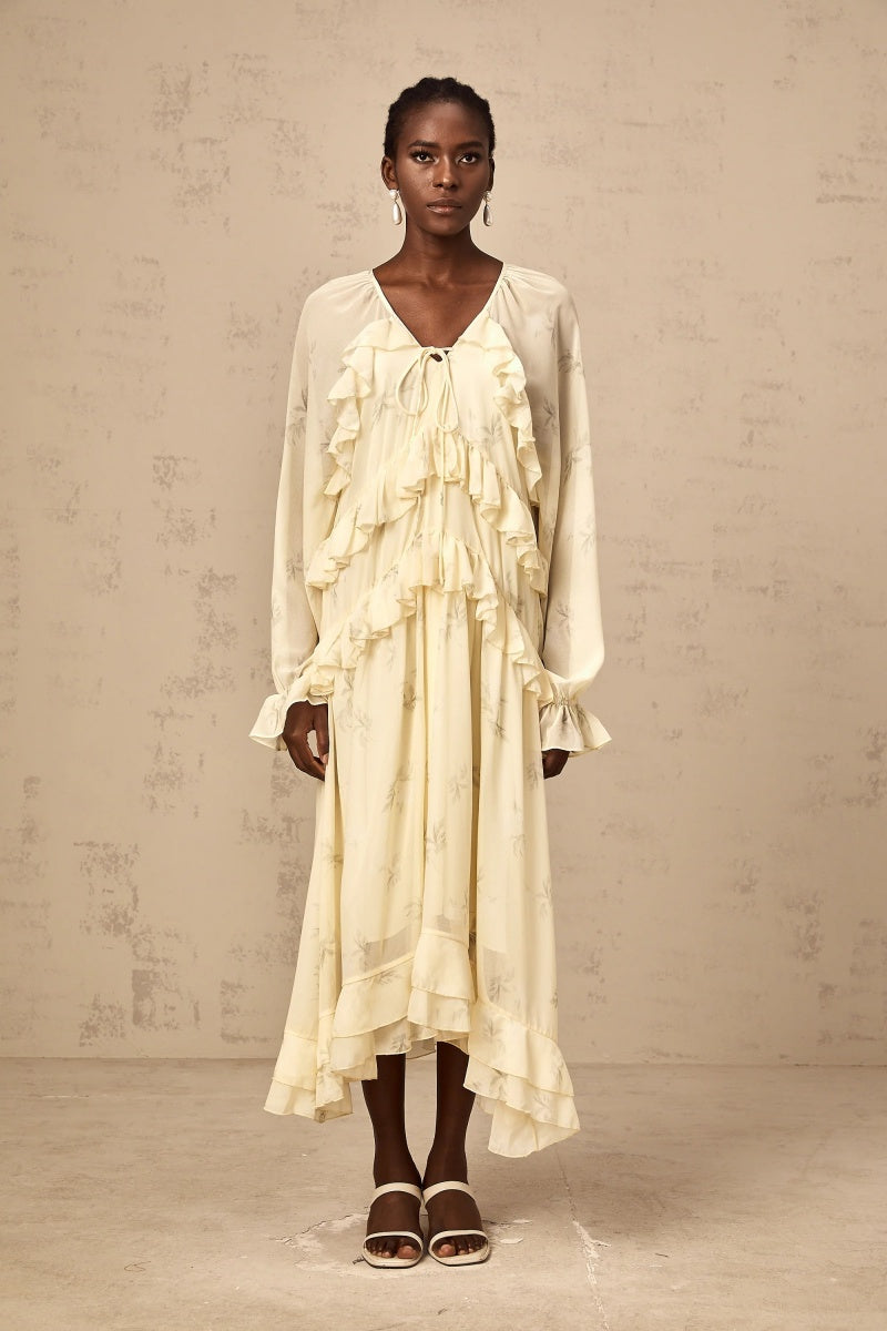 Vestito midi in chiffon con stampa floreale e volant