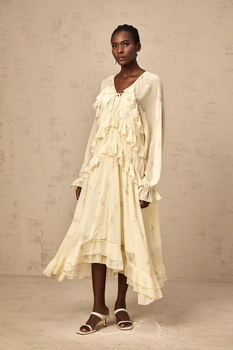 Vestito midi in chiffon con stampa floreale e volant